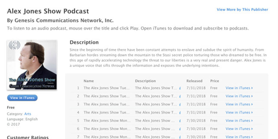 Alex Jones expulsado Apple iTunes Podcast