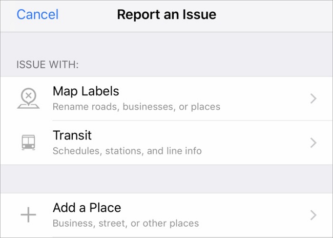 Reportar problemas en Apple Maps