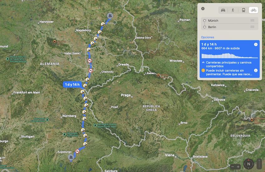 Ruta en bici en Apple Maps de Munich a Berlin