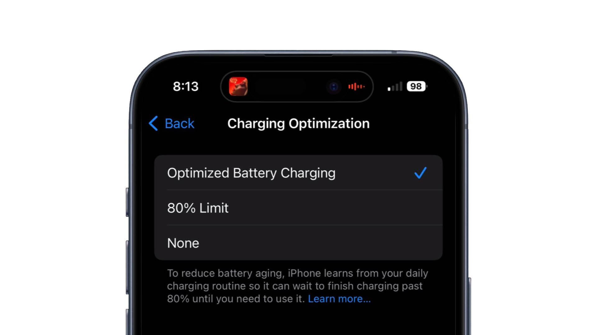 Opciones de carga de batería en iPhone 15