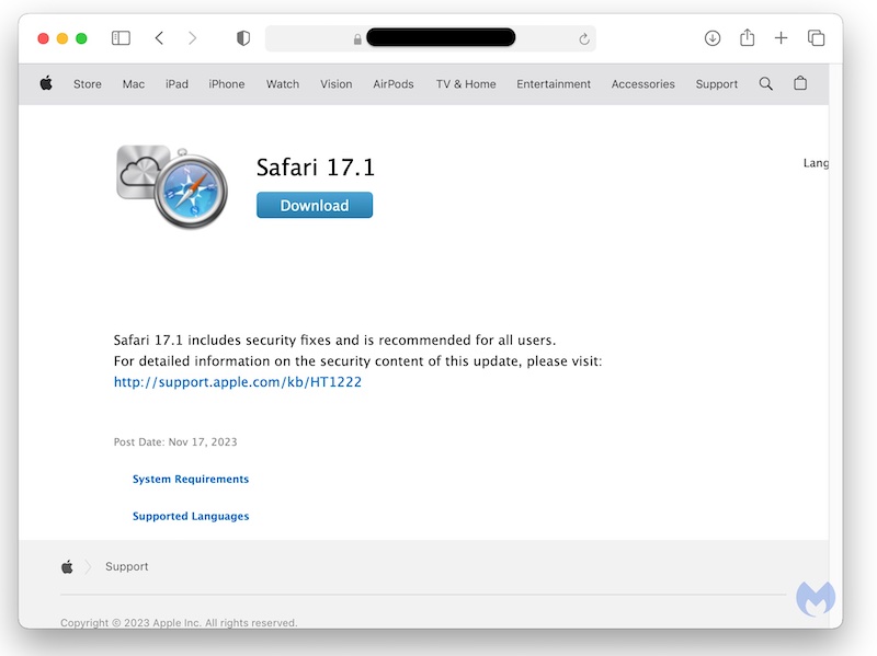 Falsa actualización Safari hecha por el malware ClearFake