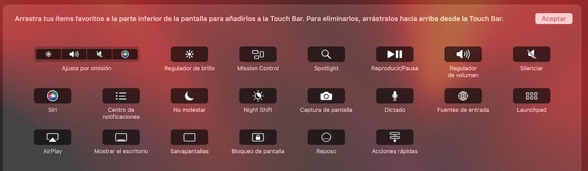 Control Strip de la Touch Bar en macOS