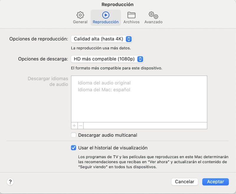 Configuración idiomas de app Apple TV - español
