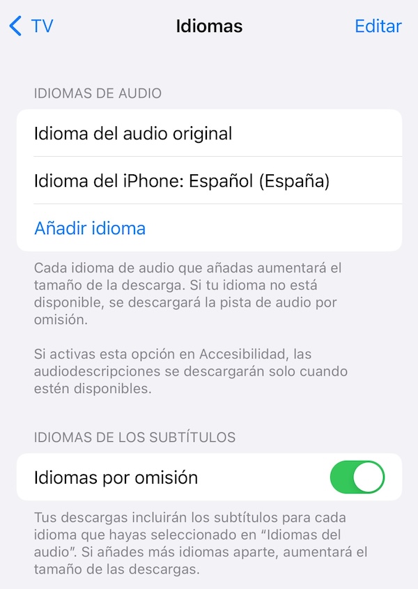 Configuración app Apple TV para añadir idiomas
