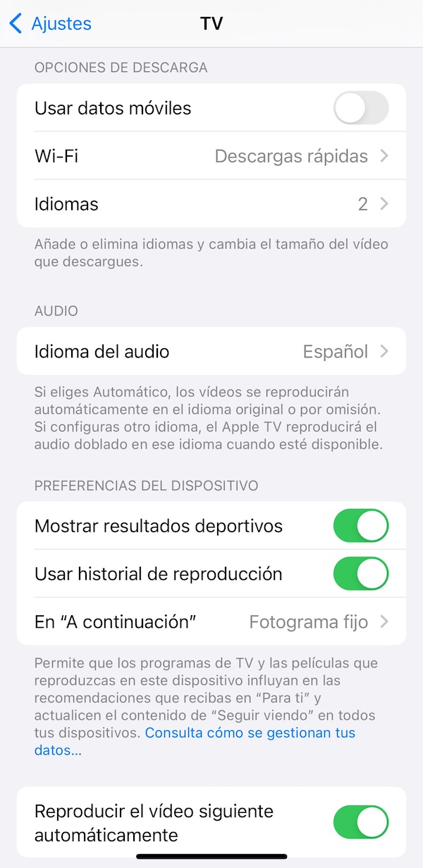 Configuración idiomas de app Apple TV en iPhone o iPad - español