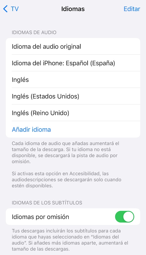 Configuración app Apple TV en iOS para añadir idiomas
