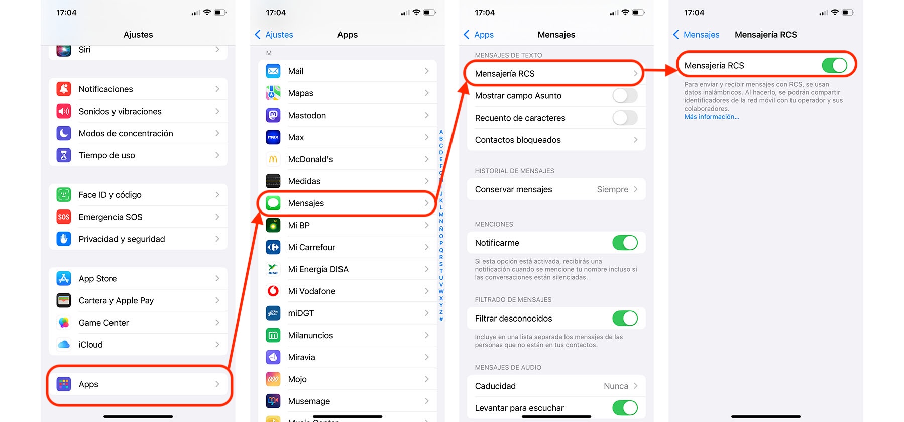 Activar mensajería RCS en el iPhone