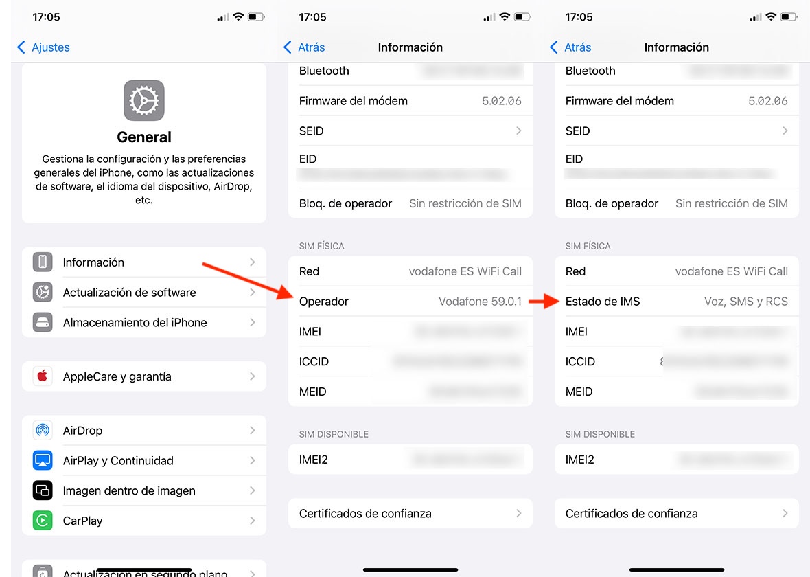 Ajustes del iPhone para comprobar si es compatible con mensajería RCS