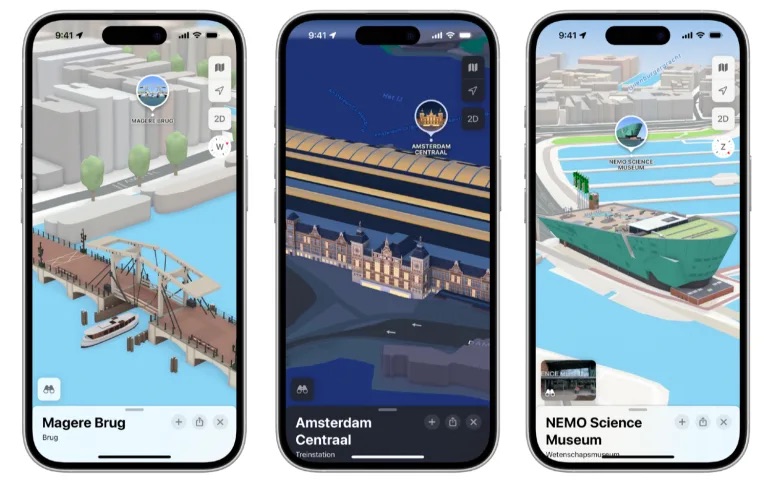 Exploración detallada de ciudades de Apple Maps en Amsterdam