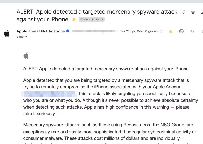 Email de Apple Threat Notifications a periodista italiano