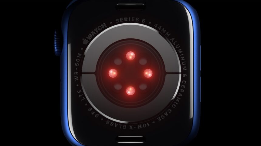 El sensor Oxígeno en Sangre utiliza LED y los fotodiodos del vidrio trasero del Apple Watch Series 6.