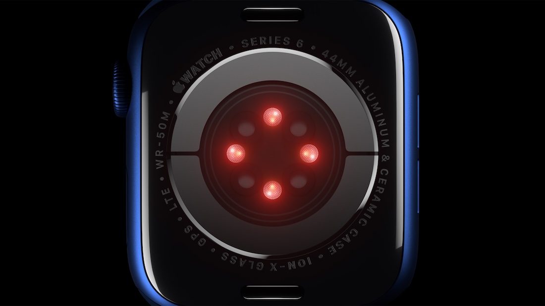 El sensor Oxígeno en Sangre utiliza LED y los fotodiodos del vidrio trasero del Apple Watch Series 6.